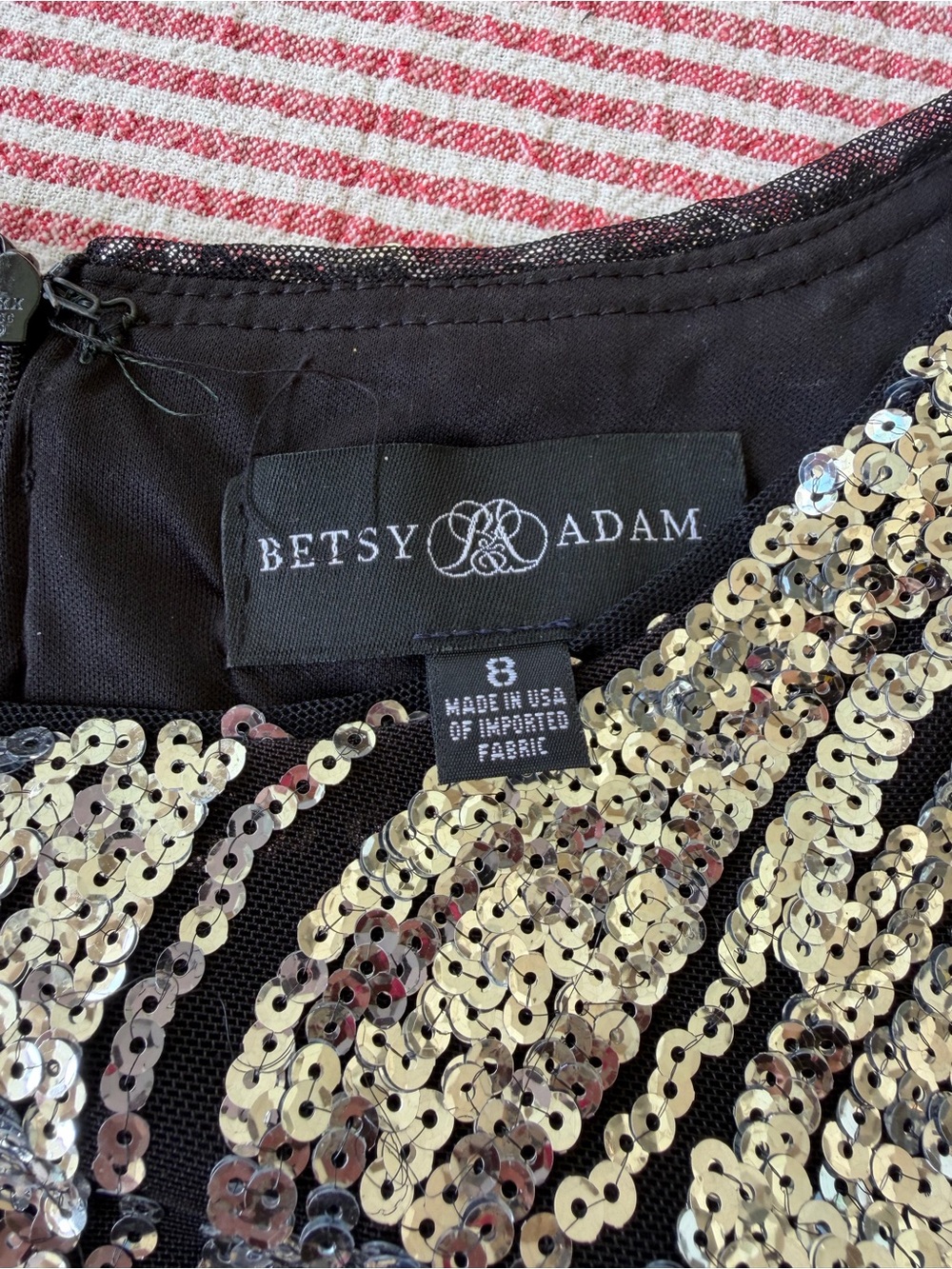 Betsy & Adam Sequin Long Sleeve A Line Ball Gown 8 Black Silver Formal Dress - Picture 2 of 11